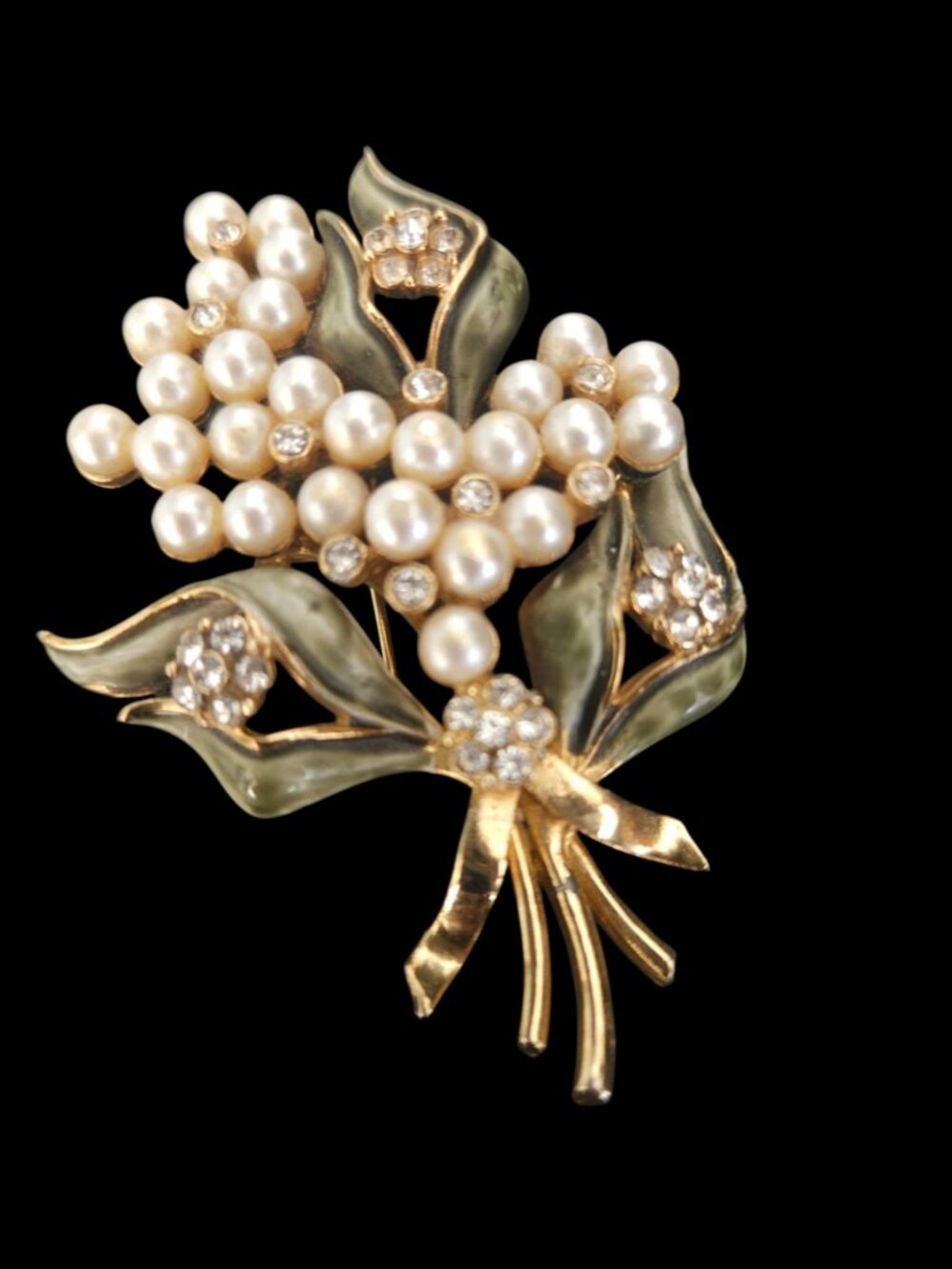 Vintage Francois Signed Faux Pearl, Enamel & Rhinestone Brooch